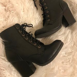 Black tie up booties with chunky heel